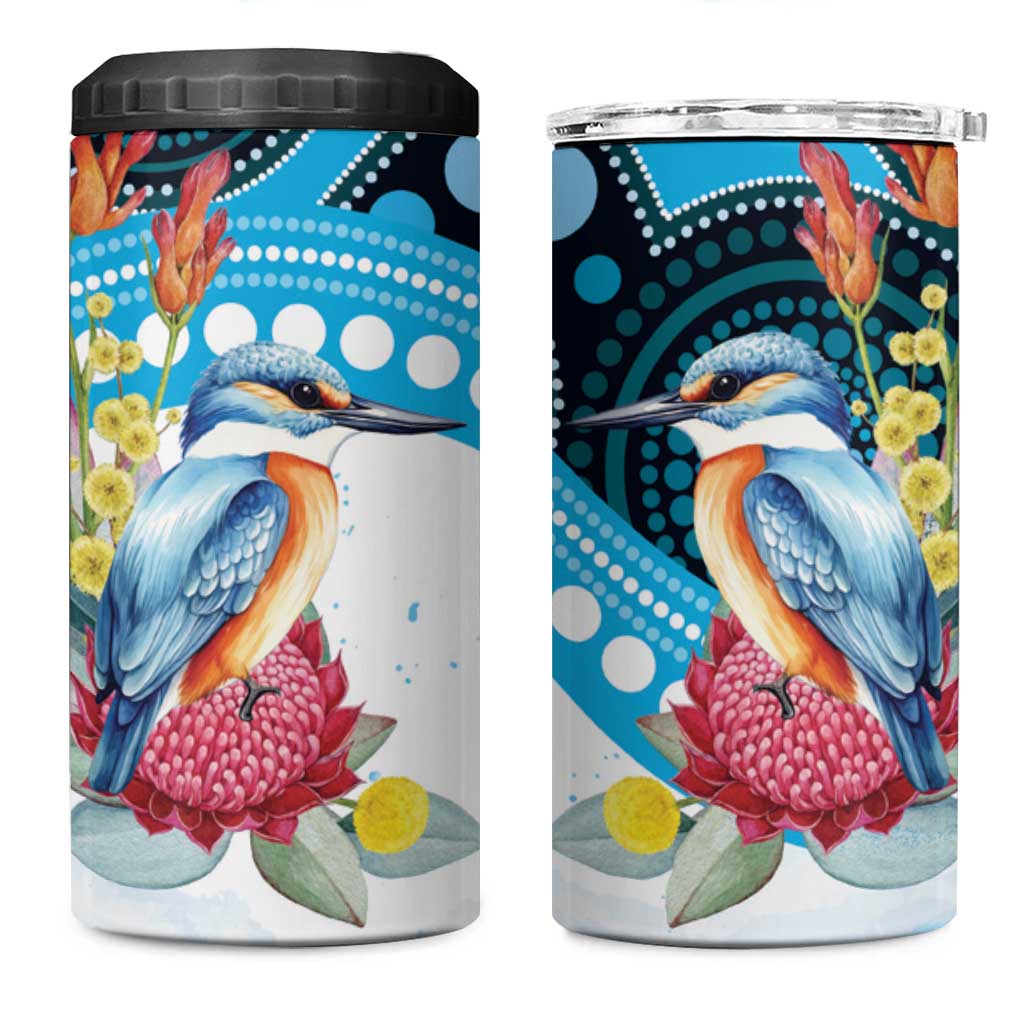 Australia Azure Kingfisher 4 in 1 Can Cooler Tumbler Australian Native Flowers Indigenous Art - Aussie Hoodie