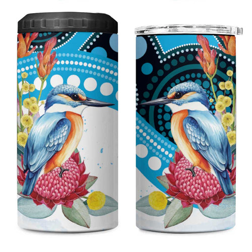 Australia Azure Kingfisher 4 in 1 Can Cooler Tumbler Australian Native Flowers Indigenous Art - Aussie Hoodie