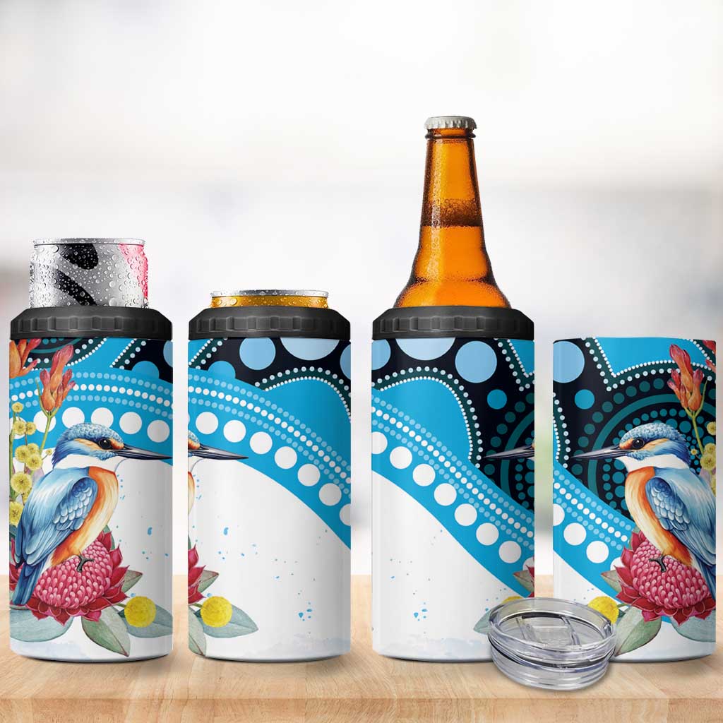 Australia Azure Kingfisher 4 in 1 Can Cooler Tumbler Australian Native Flowers Indigenous Art - Aussie Hoodie
