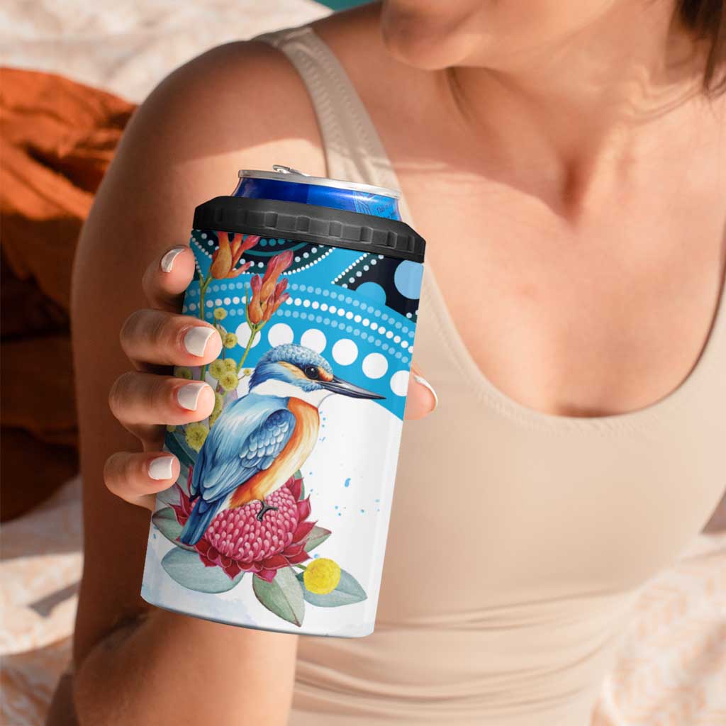 Australia Azure Kingfisher 4 in 1 Can Cooler Tumbler Australian Native Flowers Indigenous Art - Aussie Hoodie