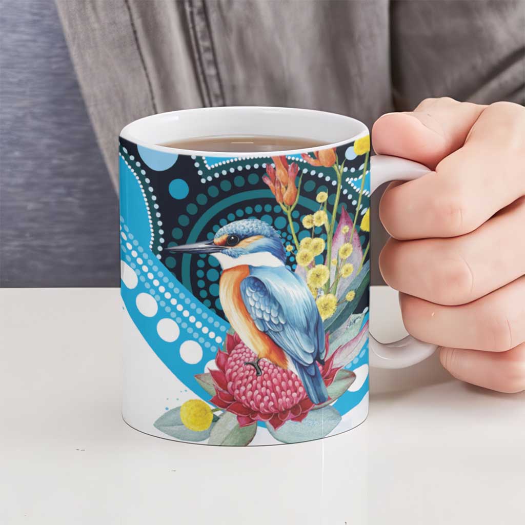 Australia Azure Kingfisher Ceramic Mug Australian Native Flowers Indigenous Art - Aussie Hoodie