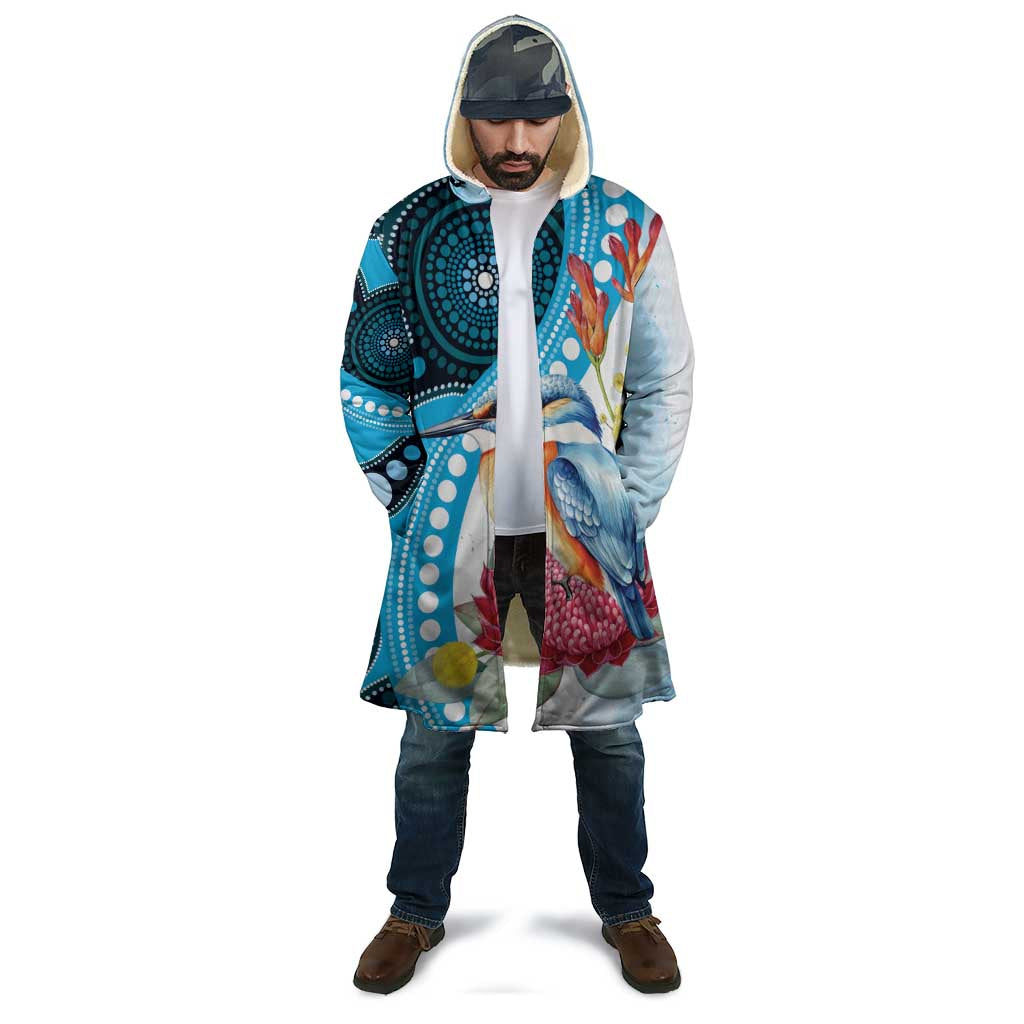 Australia Azure Kingfisher Cloak Australian Native Flowers Indigenous Art - Aussie Hoodie