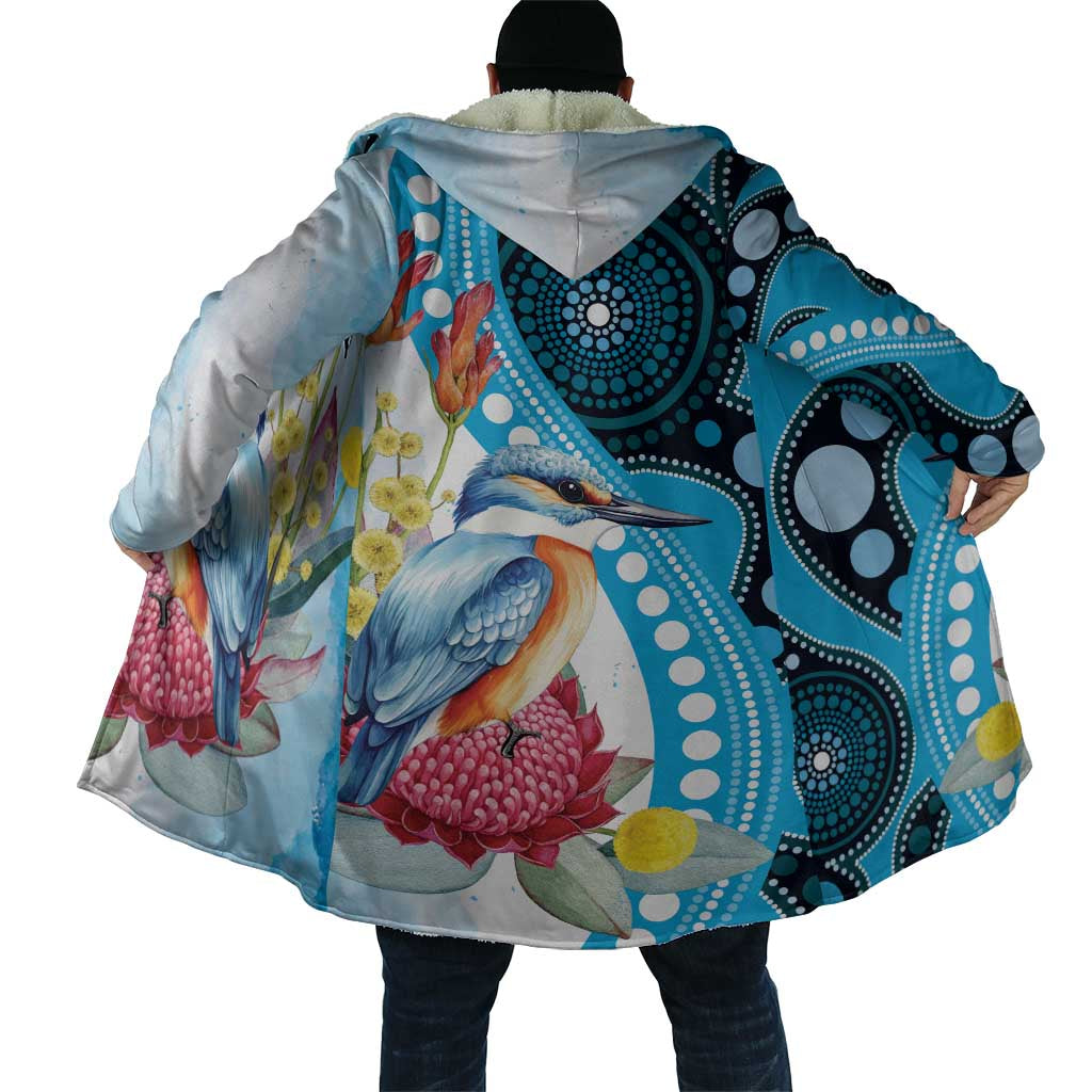 Australia Azure Kingfisher Cloak Australian Native Flowers Indigenous Art - Aussie Hoodie