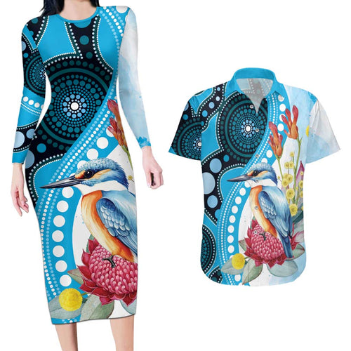 Australia Azure Kingfisher Couples Matching Long Sleeve Bodycon Dress and Hawaiian Shirt Australian Native Flowers Indigenous Art - Aussie Hoodie