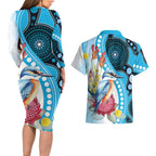 Australia Azure Kingfisher Couples Matching Long Sleeve Bodycon Dress and Hawaiian Shirt Australian Native Flowers Indigenous Art - Aussie Hoodie