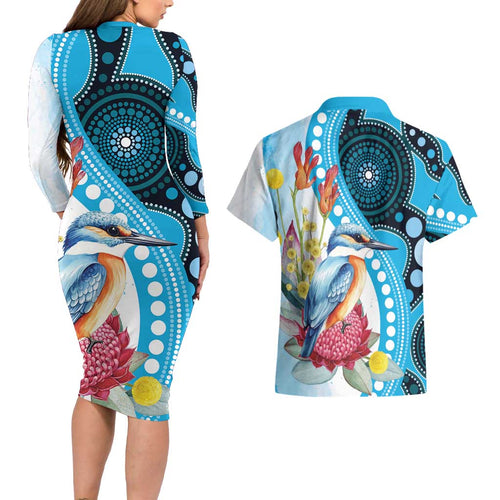 Australia Azure Kingfisher Couples Matching Long Sleeve Bodycon Dress and Hawaiian Shirt Australian Native Flowers Indigenous Art - Aussie Hoodie