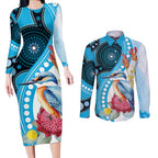 Australia Azure Kingfisher Couples Matching Long Sleeve Bodycon Dress and Long Sleeve Button Shirt Australian Native Flowers Indigenous Art - Aussie Hoodie