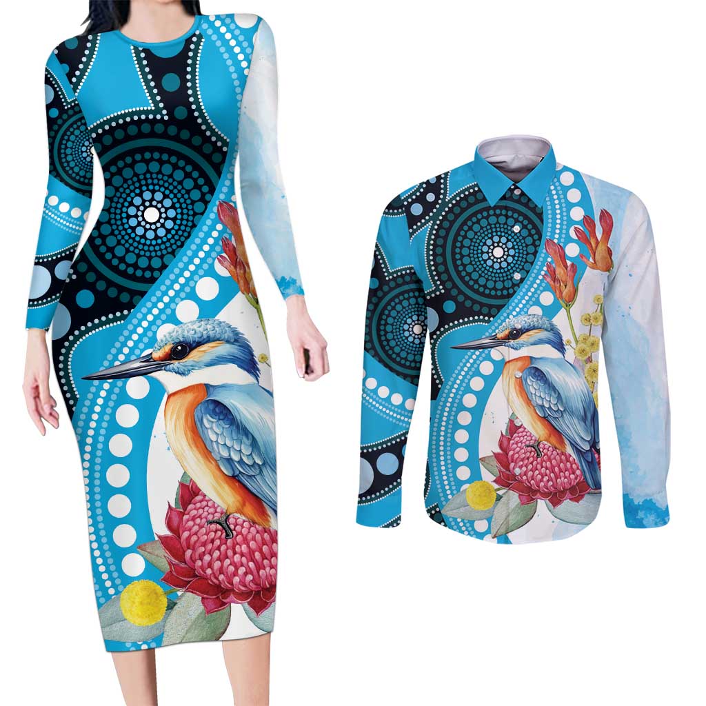 Australia Azure Kingfisher Couples Matching Long Sleeve Bodycon Dress and Long Sleeve Button Shirt Australian Native Flowers Indigenous Art - Aussie Hoodie