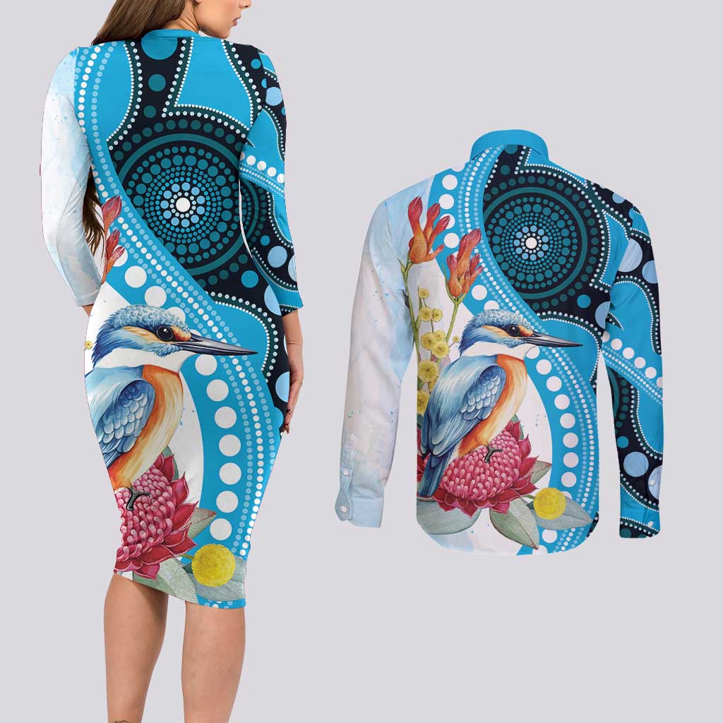 Australia Azure Kingfisher Couples Matching Long Sleeve Bodycon Dress and Long Sleeve Button Shirt Australian Native Flowers Indigenous Art - Aussie Hoodie