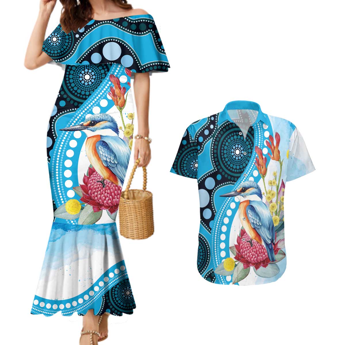 Australia Azure Kingfisher Couples Matching Mermaid Dress and Hawaiian Shirt Australian Native Flowers Indigenous Art - Aussie Hoodie