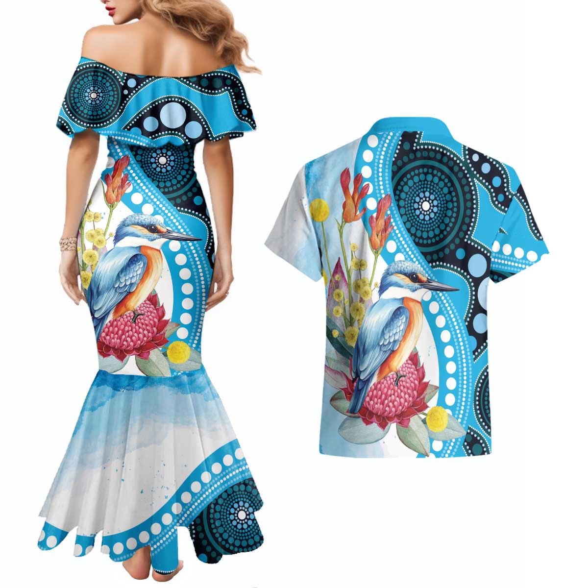 Australia Azure Kingfisher Couples Matching Mermaid Dress and Hawaiian Shirt Australian Native Flowers Indigenous Art - Aussie Hoodie
