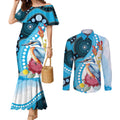 Australia Azure Kingfisher Couples Matching Mermaid Dress and Long Sleeve Button Shirt Australian Native Flowers Indigenous Art - Aussie Hoodie