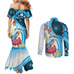 Australia Azure Kingfisher Couples Matching Mermaid Dress and Long Sleeve Button Shirt Australian Native Flowers Indigenous Art - Aussie Hoodie