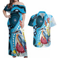 Australia Azure Kingfisher Couples Matching Off Shoulder Maxi Dress and Hawaiian Shirt Australian Native Flowers Indigenous Art - Aussie Hoodie