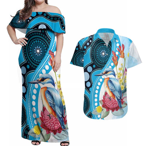 Australia Azure Kingfisher Couples Matching Off Shoulder Maxi Dress and Hawaiian Shirt Australian Native Flowers Indigenous Art - Aussie Hoodie
