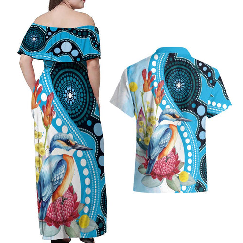 Australia Azure Kingfisher Couples Matching Off Shoulder Maxi Dress and Hawaiian Shirt Australian Native Flowers Indigenous Art - Aussie Hoodie