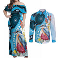 Australia Azure Kingfisher Couples Matching Off Shoulder Maxi Dress and Long Sleeve Button Shirt Australian Native Flowers Indigenous Art - Aussie Hoodie