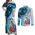 Australia Azure Kingfisher Couples Matching Off Shoulder Maxi Dress and Long Sleeve Button Shirt Australian Native Flowers Indigenous Art - Aussie Hoodie