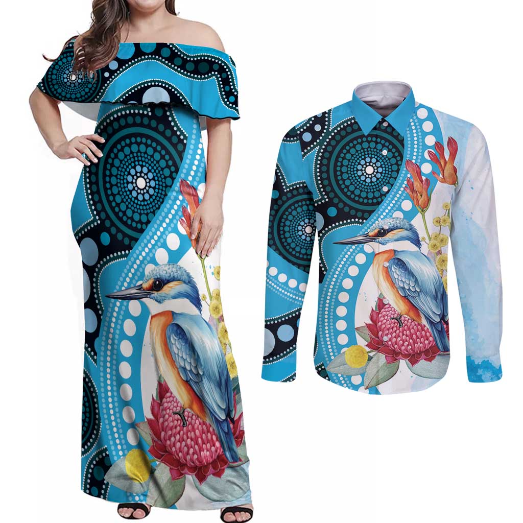 Australia Azure Kingfisher Couples Matching Off Shoulder Maxi Dress and Long Sleeve Button Shirt Australian Native Flowers Indigenous Art - Aussie Hoodie