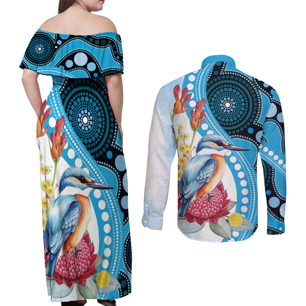 Australia Azure Kingfisher Couples Matching Off Shoulder Maxi Dress and Long Sleeve Button Shirt Australian Native Flowers Indigenous Art - Aussie Hoodie