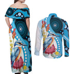 Australia Azure Kingfisher Couples Matching Off Shoulder Maxi Dress and Long Sleeve Button Shirt Australian Native Flowers Indigenous Art - Aussie Hoodie