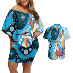 Australia Azure Kingfisher Couples Matching Off Shoulder Short Dress and Hawaiian Shirt Australian Native Flowers Indigenous Art - Aussie Hoodie