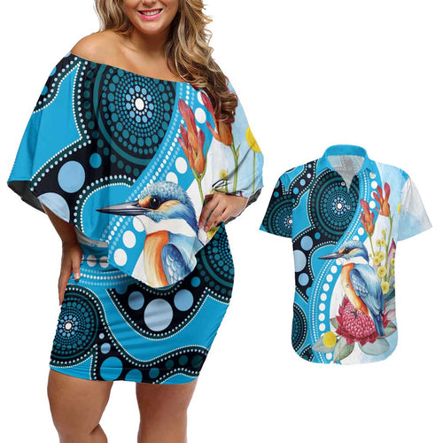 Australia Azure Kingfisher Couples Matching Off Shoulder Short Dress and Hawaiian Shirt Australian Native Flowers Indigenous Art - Aussie Hoodie
