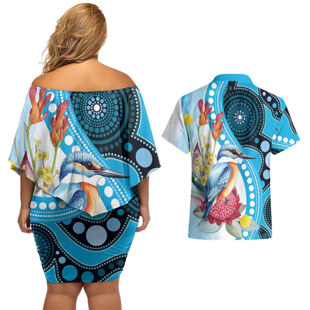 Australia Azure Kingfisher Couples Matching Off Shoulder Short Dress and Hawaiian Shirt Australian Native Flowers Indigenous Art - Aussie Hoodie