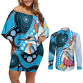 Australia Azure Kingfisher Couples Matching Off Shoulder Short Dress and Long Sleeve Button Shirt Australian Native Flowers Indigenous Art - Aussie Hoodie