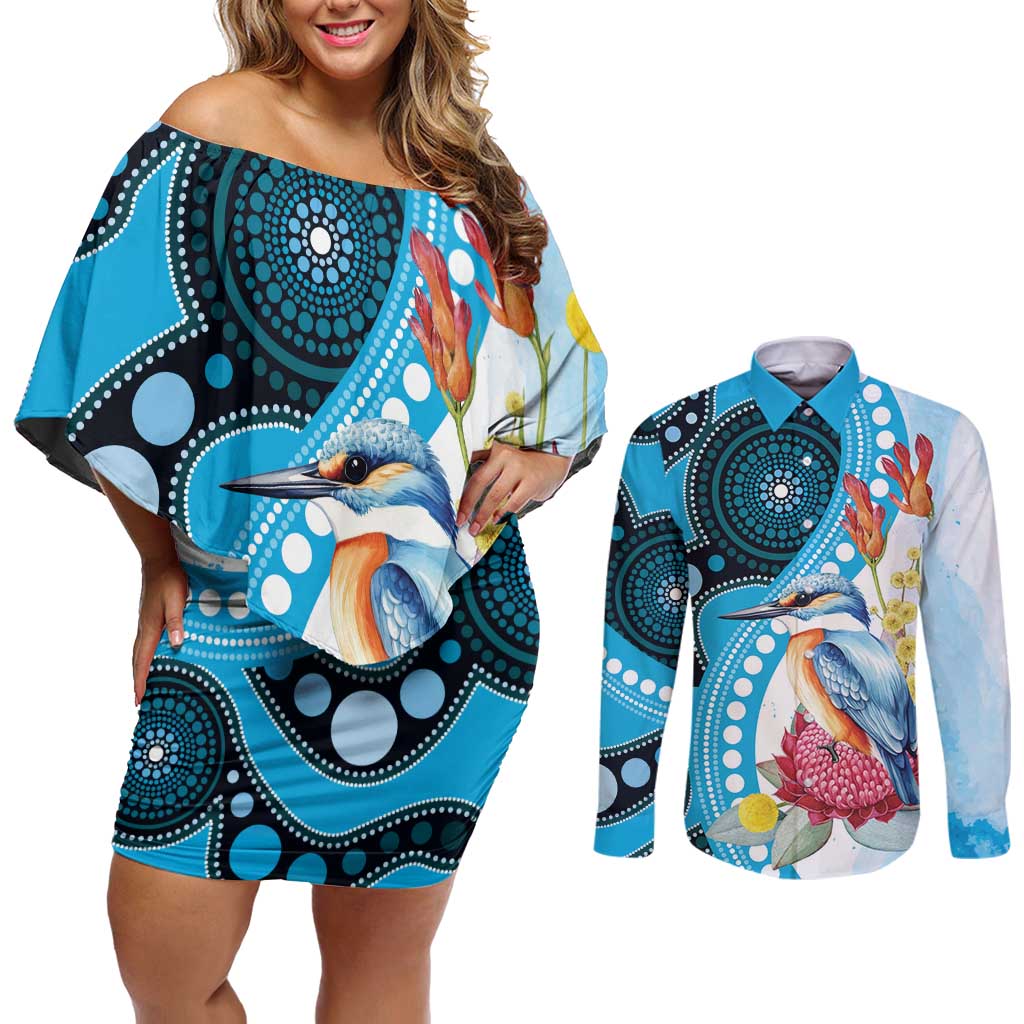 Australia Azure Kingfisher Couples Matching Off Shoulder Short Dress and Long Sleeve Button Shirt Australian Native Flowers Indigenous Art - Aussie Hoodie