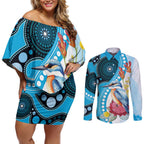 Australia Azure Kingfisher Couples Matching Off Shoulder Short Dress and Long Sleeve Button Shirt Australian Native Flowers Indigenous Art - Aussie Hoodie