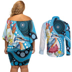 Australia Azure Kingfisher Couples Matching Off Shoulder Short Dress and Long Sleeve Button Shirt Australian Native Flowers Indigenous Art - Aussie Hoodie