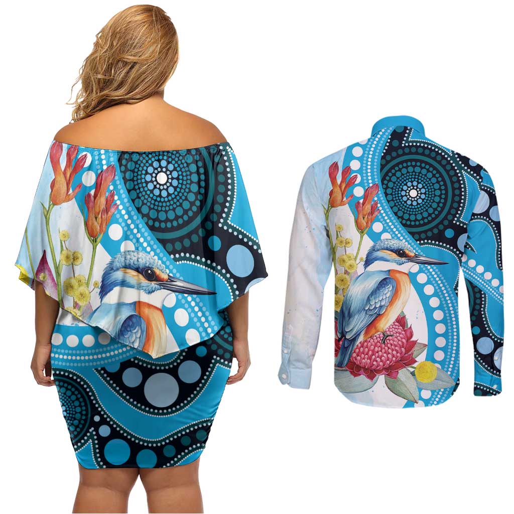 Australia Azure Kingfisher Couples Matching Off Shoulder Short Dress and Long Sleeve Button Shirt Australian Native Flowers Indigenous Art - Aussie Hoodie