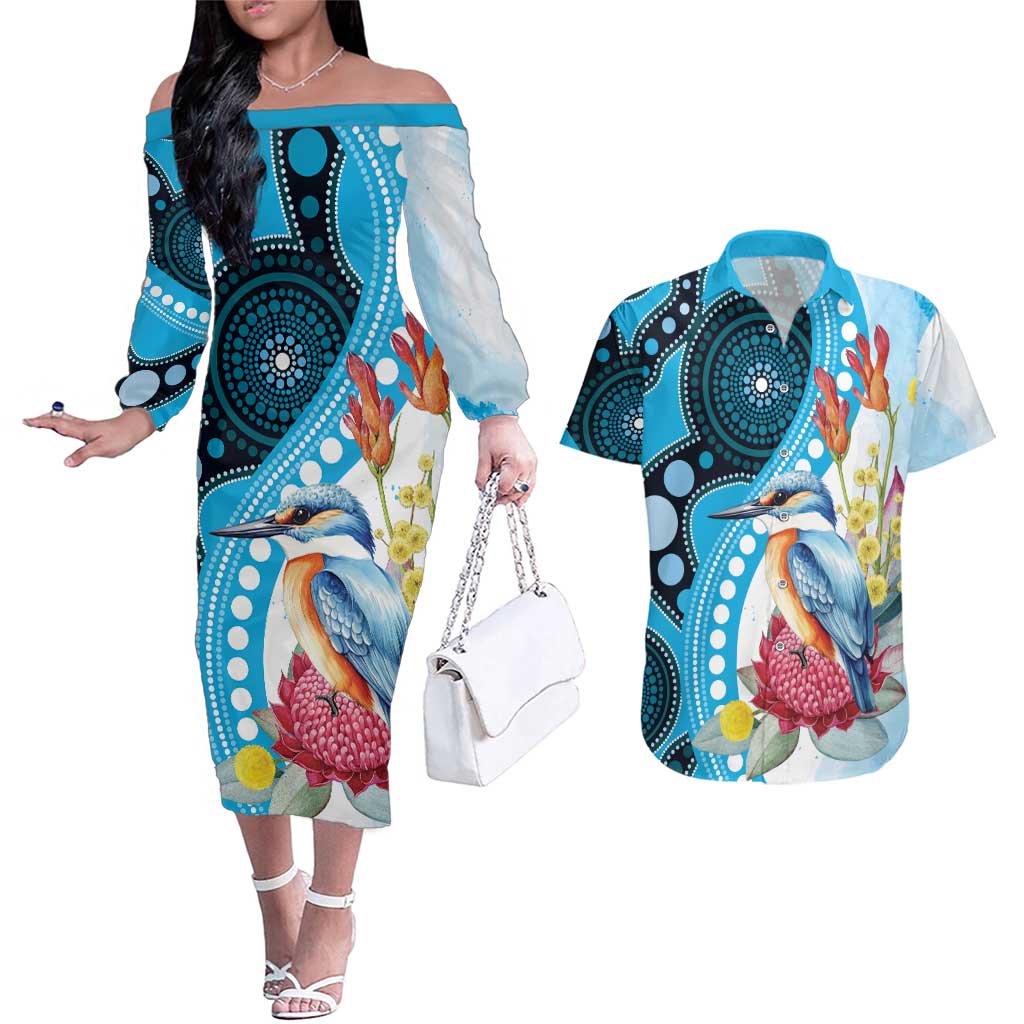 Australia Azure Kingfisher Couples Matching Off The Shoulder Long Sleeve Dress and Hawaiian Shirt Australian Native Flowers Indigenous Art - Aussie Hoodie