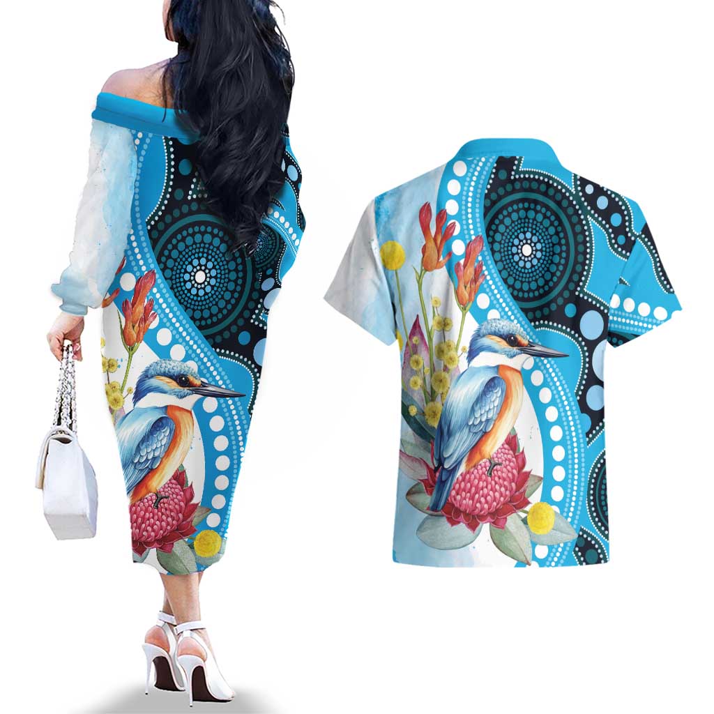 Australia Azure Kingfisher Couples Matching Off The Shoulder Long Sleeve Dress and Hawaiian Shirt Australian Native Flowers Indigenous Art - Aussie Hoodie