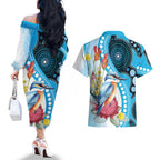 Australia Azure Kingfisher Couples Matching Off The Shoulder Long Sleeve Dress and Hawaiian Shirt Australian Native Flowers Indigenous Art - Aussie Hoodie