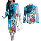 Australia Azure Kingfisher Couples Matching Off The Shoulder Long Sleeve Dress and Long Sleeve Button Shirt Australian Native Flowers Indigenous Art - Aussie Hoodie