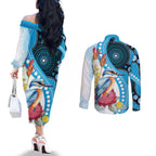 Australia Azure Kingfisher Couples Matching Off The Shoulder Long Sleeve Dress and Long Sleeve Button Shirt Australian Native Flowers Indigenous Art - Aussie Hoodie
