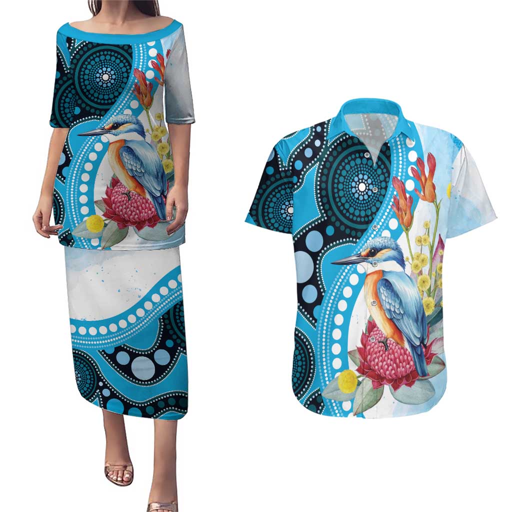 Australia Azure Kingfisher Couples Matching Puletasi and Hawaiian Shirt Australian Native Flowers Indigenous Art - Aussie Hoodie