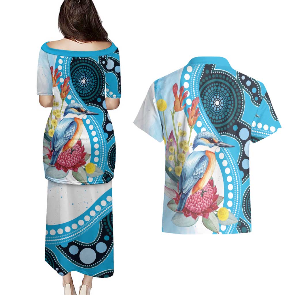 Australia Azure Kingfisher Couples Matching Puletasi and Hawaiian Shirt Australian Native Flowers Indigenous Art - Aussie Hoodie