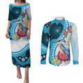 Australia Azure Kingfisher Couples Matching Puletasi and Long Sleeve Button Shirt Australian Native Flowers Indigenous Art - Aussie Hoodie