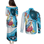 Australia Azure Kingfisher Couples Matching Puletasi and Long Sleeve Button Shirt Australian Native Flowers Indigenous Art - Aussie Hoodie