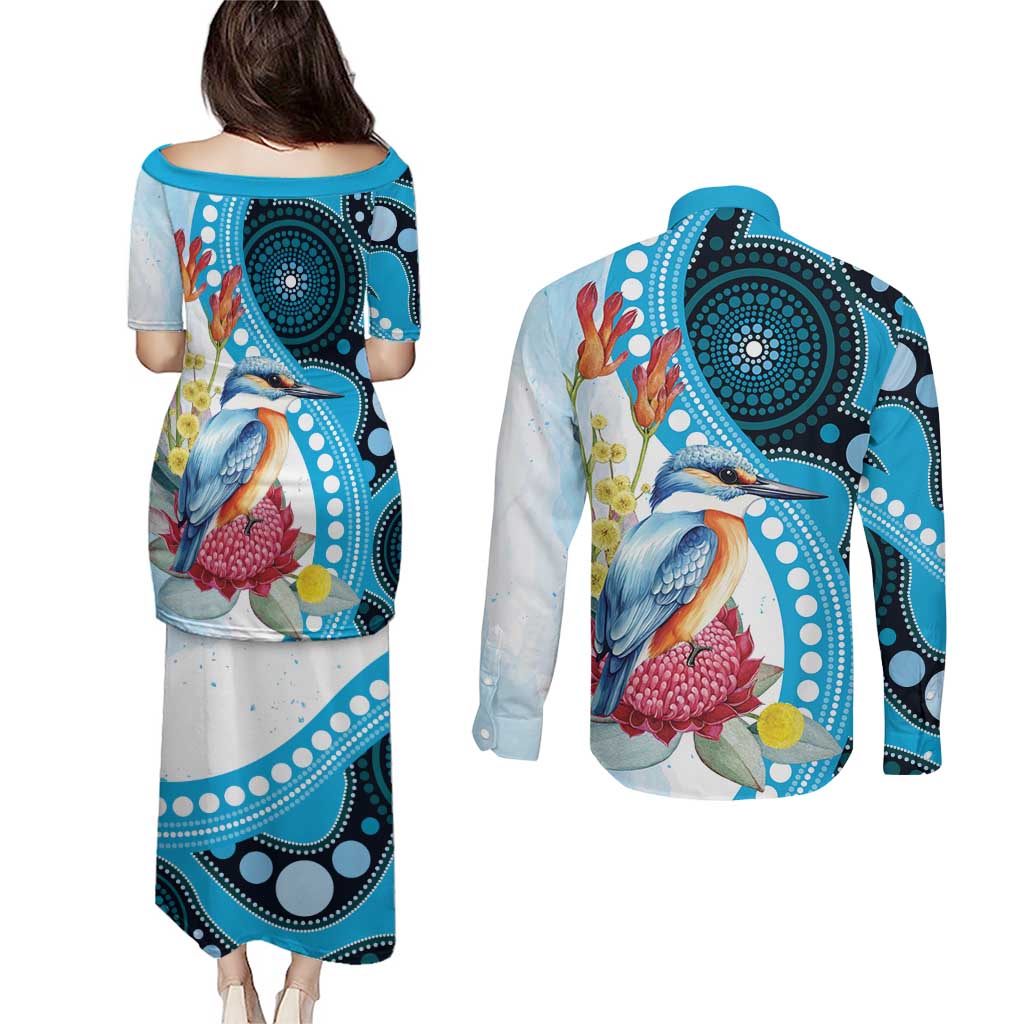Australia Azure Kingfisher Couples Matching Puletasi and Long Sleeve Button Shirt Australian Native Flowers Indigenous Art - Aussie Hoodie