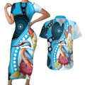 Australia Azure Kingfisher Couples Matching Short Sleeve Bodycon Dress and Hawaiian Shirt Australian Native Flowers Indigenous Art - Aussie Hoodie