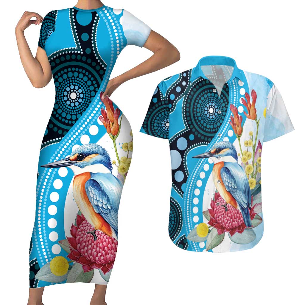 Australia Azure Kingfisher Couples Matching Short Sleeve Bodycon Dress and Hawaiian Shirt Australian Native Flowers Indigenous Art - Aussie Hoodie