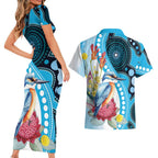 Australia Azure Kingfisher Couples Matching Short Sleeve Bodycon Dress and Hawaiian Shirt Australian Native Flowers Indigenous Art - Aussie Hoodie