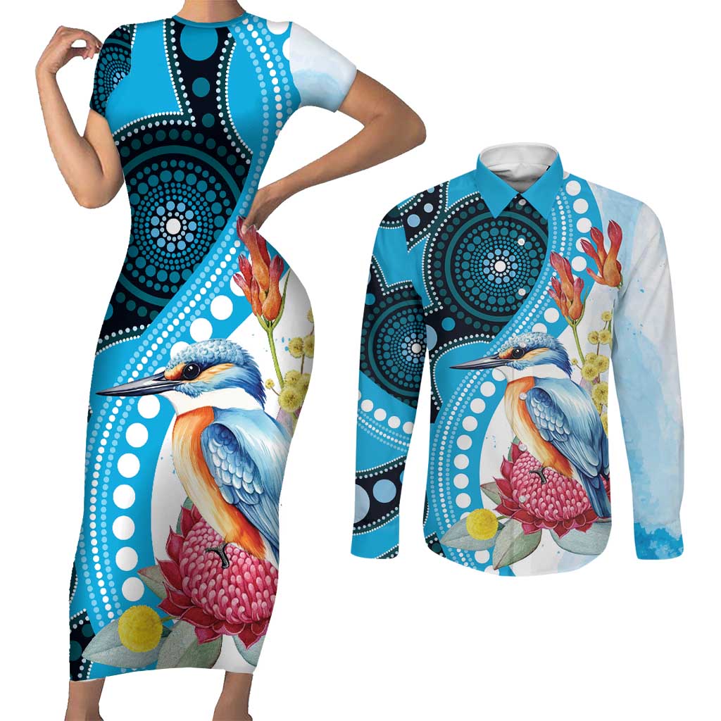 Australia Azure Kingfisher Couples Matching Short Sleeve Bodycon Dress and Long Sleeve Button Shirt Australian Native Flowers Indigenous Art - Aussie Hoodie