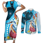 Australia Azure Kingfisher Couples Matching Short Sleeve Bodycon Dress and Long Sleeve Button Shirt Australian Native Flowers Indigenous Art - Aussie Hoodie