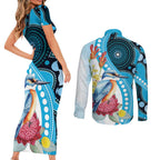 Australia Azure Kingfisher Couples Matching Short Sleeve Bodycon Dress and Long Sleeve Button Shirt Australian Native Flowers Indigenous Art - Aussie Hoodie