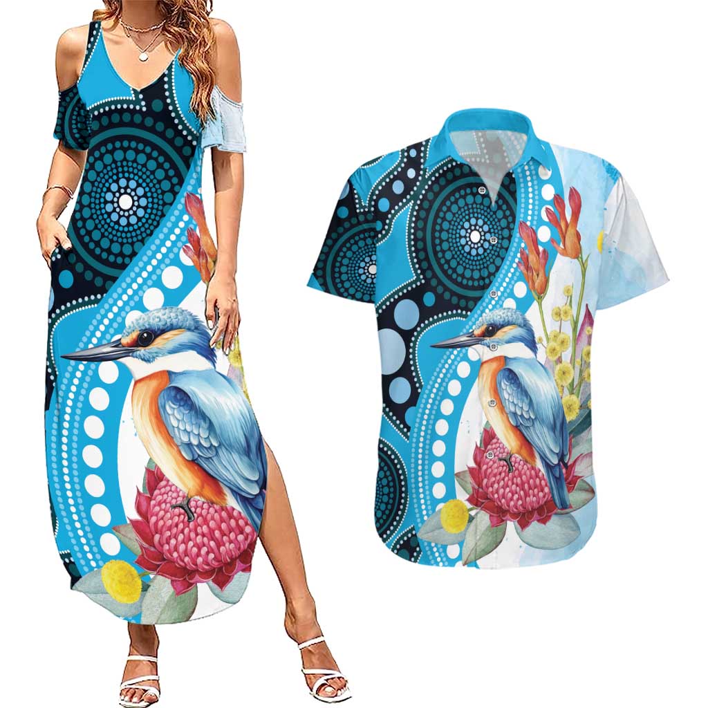Australia Azure Kingfisher Couples Matching Summer Maxi Dress and Hawaiian Shirt Australian Native Flowers Indigenous Art - Aussie Hoodie
